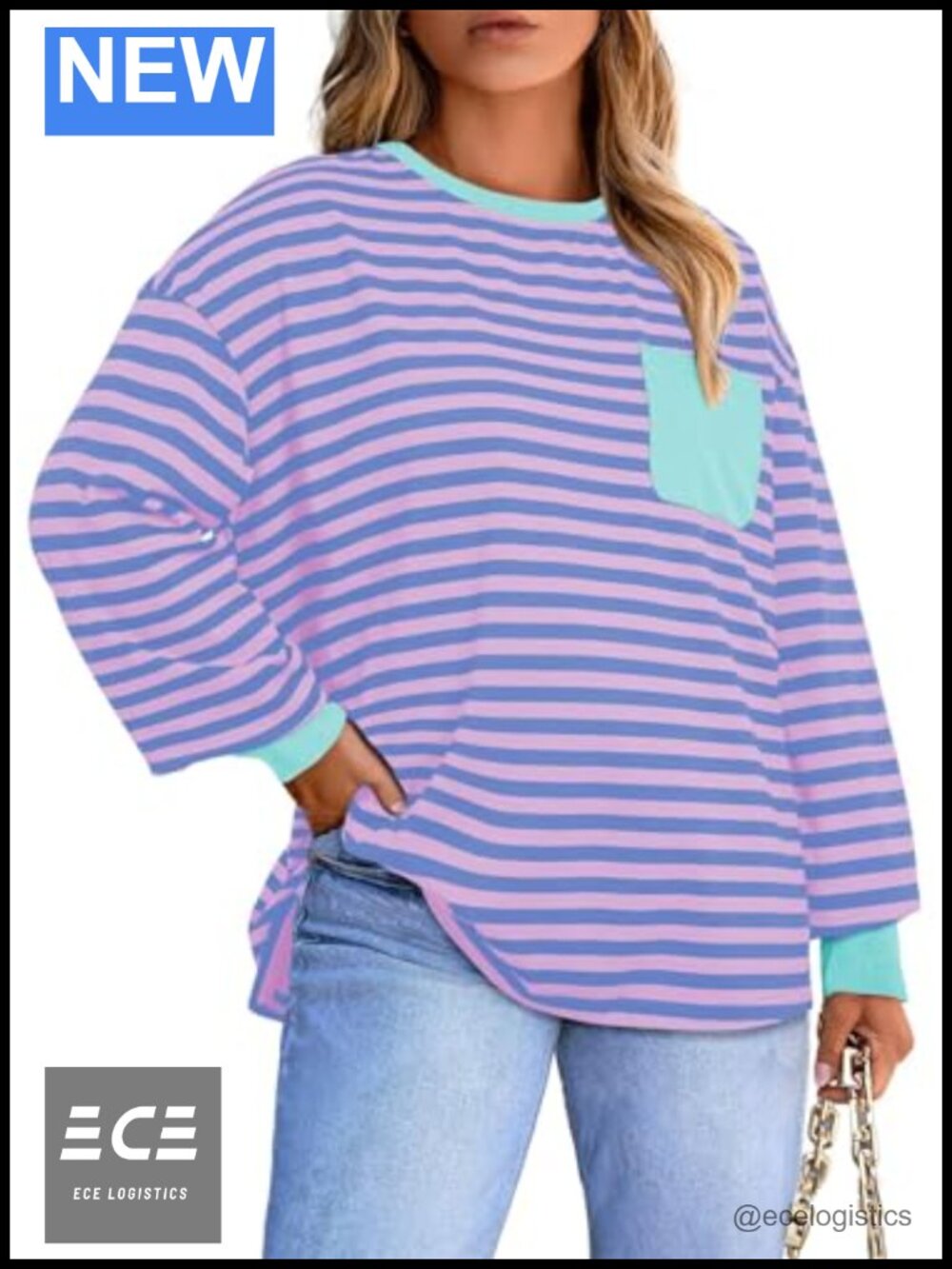 Plus Size Striped Crewneck Long Sleeve T-Shirt with Pockets